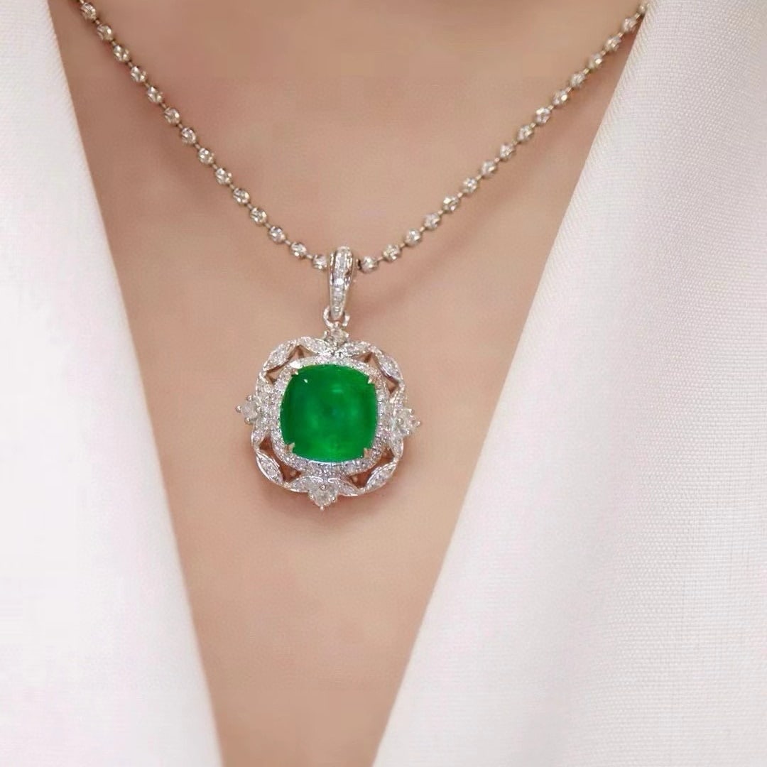 14k Gold 3.74 Ctw Vivid Green Natural Emerald & Diamond Pendant( Without Chain ) - 6