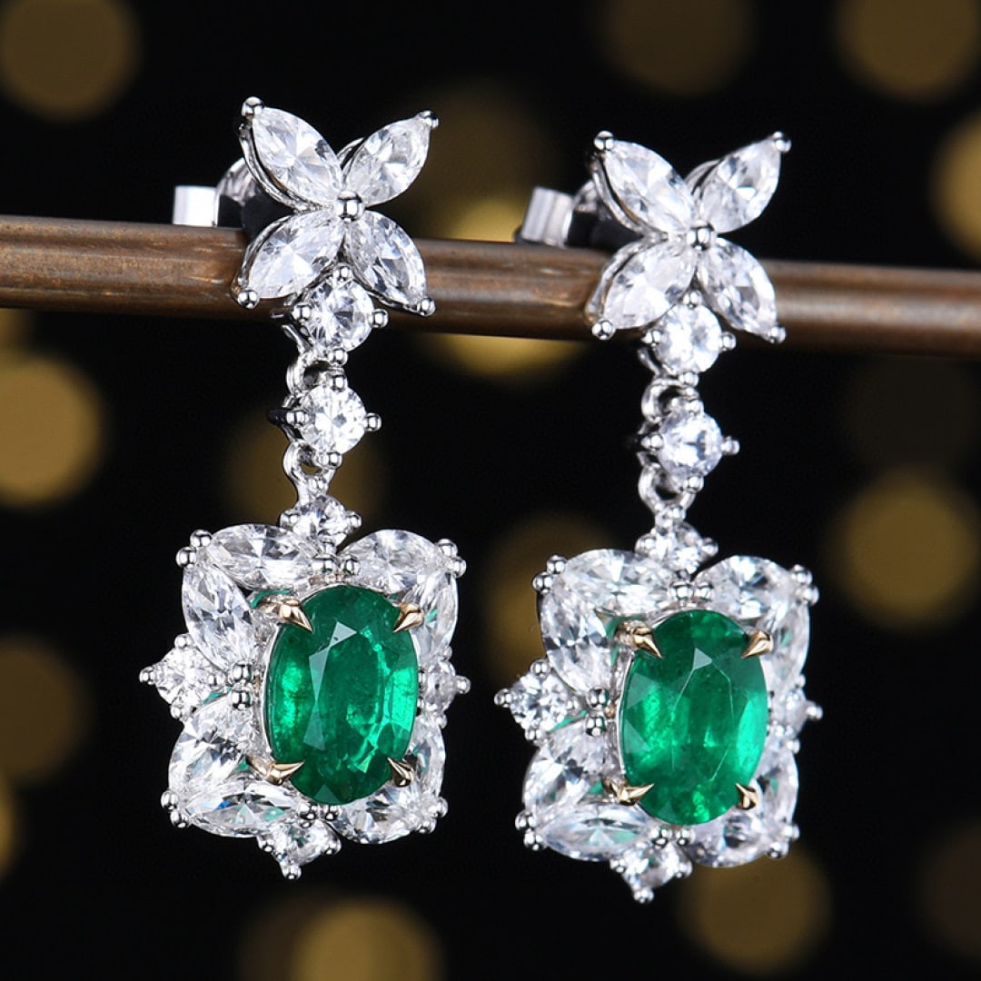 14k Gold 3.93 Ctw Vivid Green Natural Emerald & Sapphire Earrings - 3