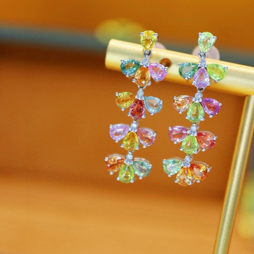 14k Gold 5.13 Ctw Natural Sapphire & Chrysoberyl & Diamond Earrings - 4