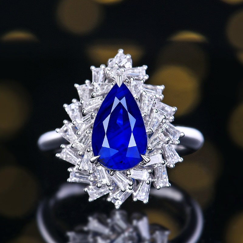 14k Gold 3.93 Ctw Natural Sapphire & Diamond Ring/pendant( Without Chain ): Ref:231056303 // gold content:14k gold // ring size:7. 25us // // main gemstone:sapphire // shape:pear // carat weight:2. 85ct // color:royal blue // treatment:natural // // adjacent gemstone 2 : diam