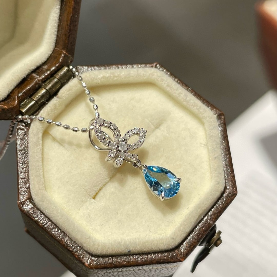 14k Gold 0.40 Ct Natural Aquamarine & Diamond Pendant( Without Chain ) - 3