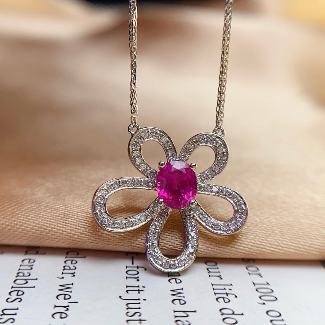 14k Gold 0.73 Ct Natural Ruby & Diamond Necklace: Ref:231056316 // gold content:14k gold // main gemstone:ruby // shape:oval // carat weight:0. 73ct // color:red // treatment:natural // // adjacent gemstone 2 : diamond // number of stones:80 //