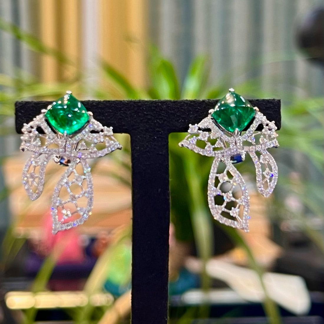 14k Gold 6.69 Ctw Vivid Green Natural Emerald & Diamond Earrings - 2