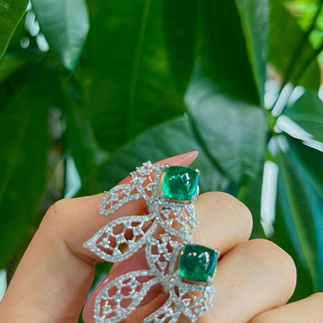 14k Gold 6.69 Ctw Vivid Green Natural Emerald & Diamond Earrings - 5