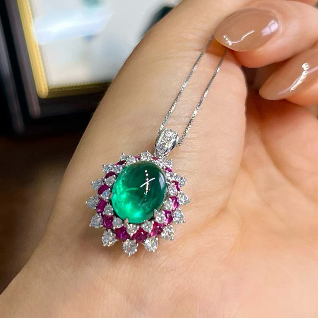 14k Gold 6.54 Ctw Natural Emerald & Diamond Pendant( Without Chain ) - 5