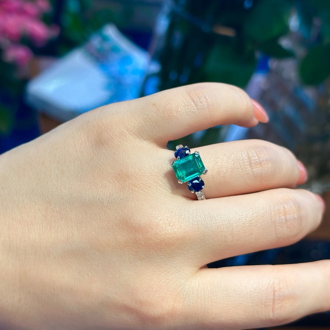 14k Gold 3.97 Ctw Natural Emerald & Sapphire Ring - 7
