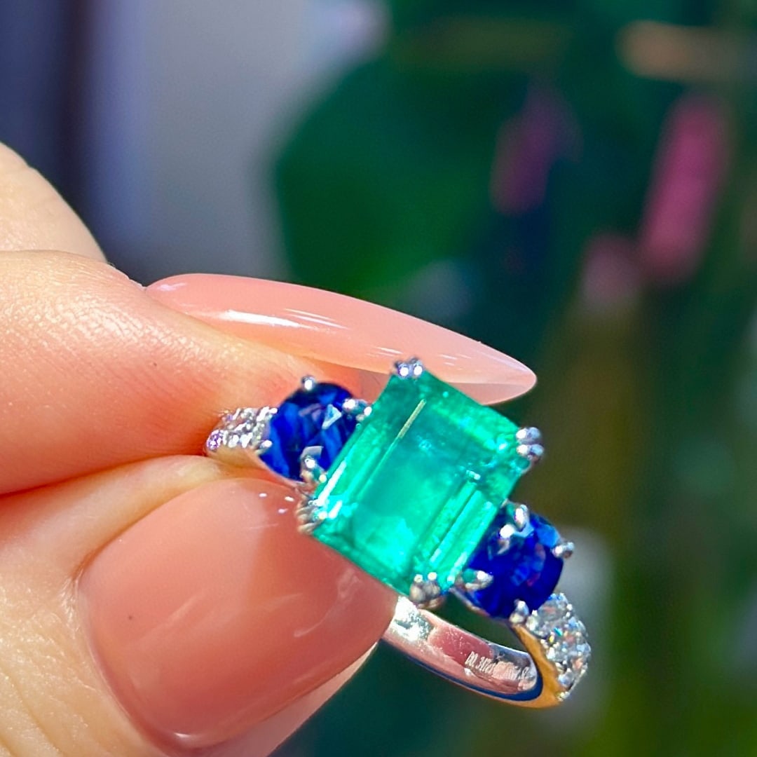 14k Gold 3.97 Ctw Natural Emerald & Sapphire Ring - 8