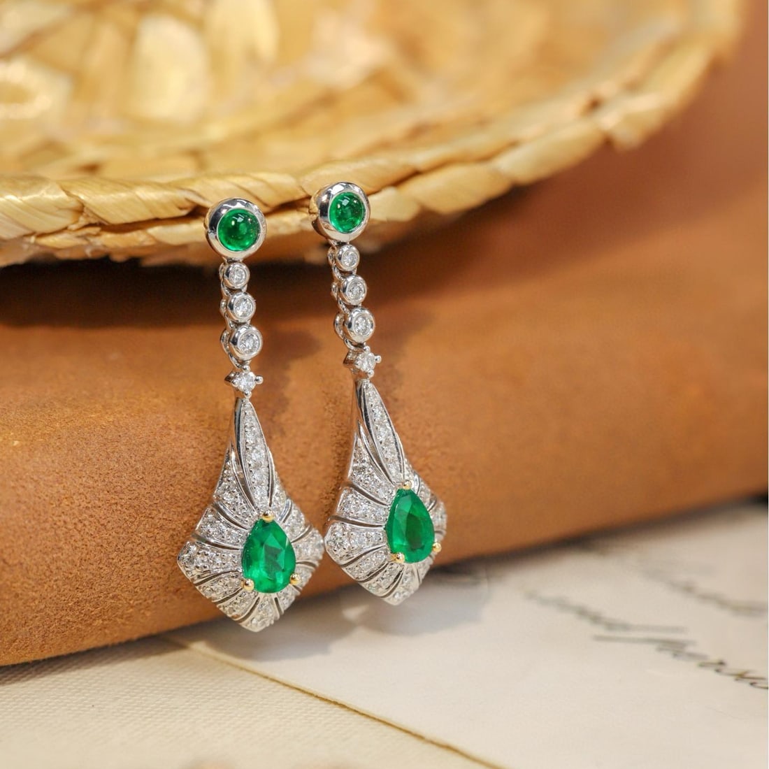 14k Gold 1.47 Ctw Vivid Green Natural Emerald & Diamond Earrings - 5