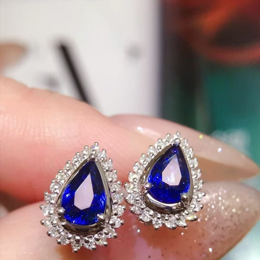 14k Gold 1.4 Ct Natural Sapphire & Diamond Earrings - 2