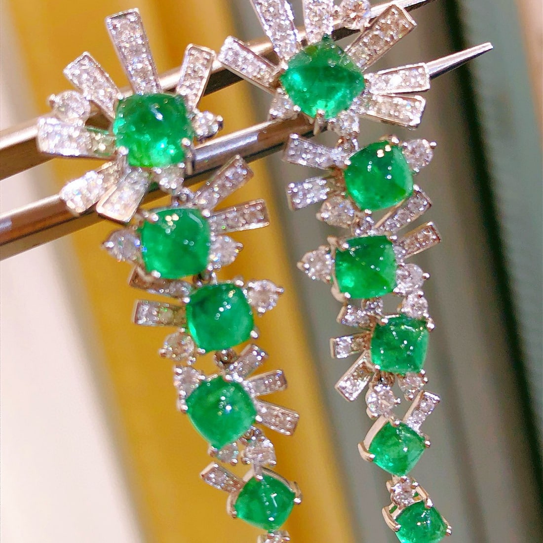 14k Gold 7.91 Ctw Vivid Green Natural Emerald & Diamond Earrings - 2