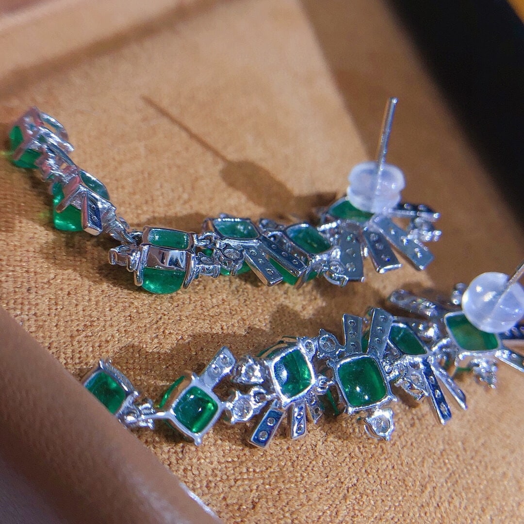 14k Gold 7.91 Ctw Vivid Green Natural Emerald & Diamond Earrings - 3