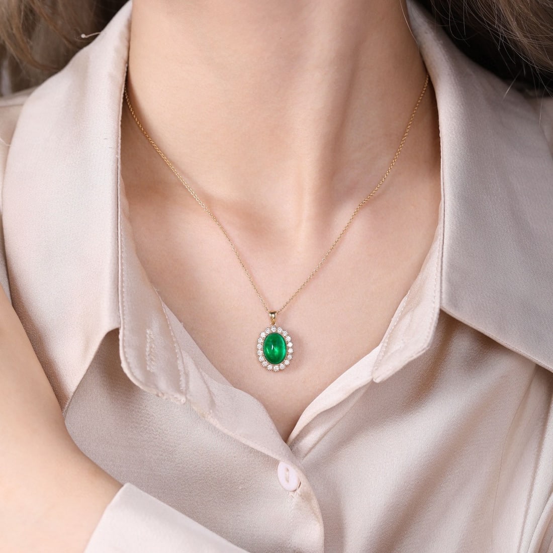 14k Gold 3.87 Ctw Vivid Green Natural Emerald & Diamond Pendant( Without Chain ) - 7