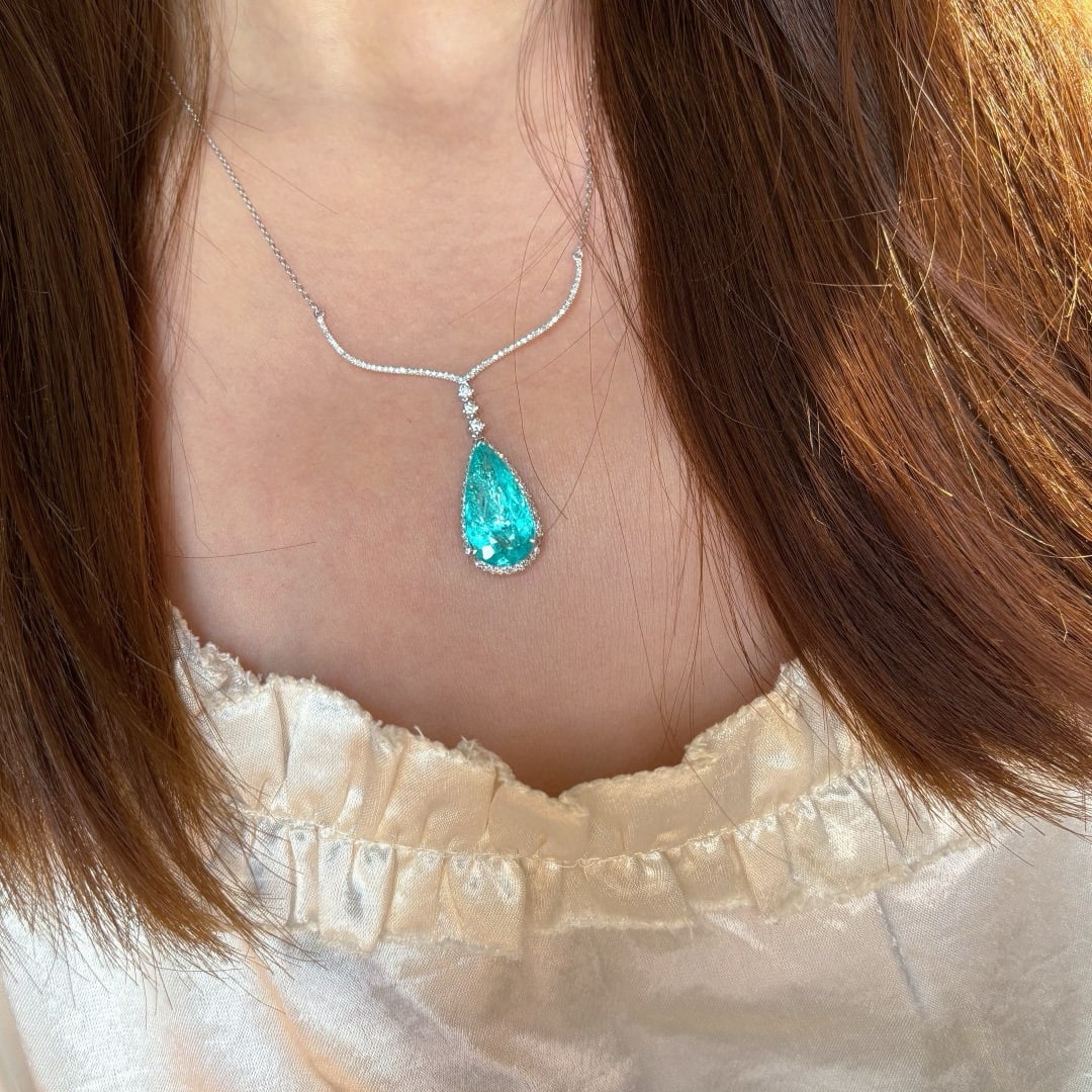 14k Gold 3.33 Ct Natural Paraiba Tourmaline & Diamond Necklace - 2