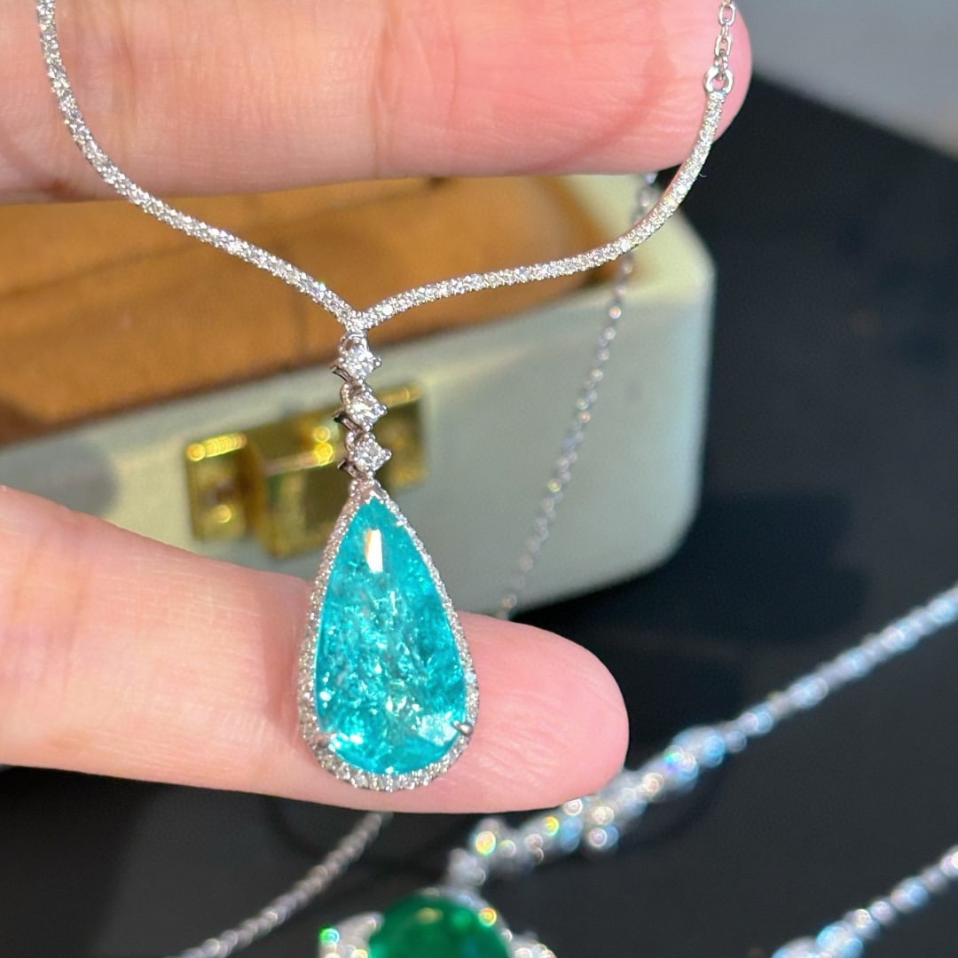 14k Gold 3.33 Ct Natural Paraiba Tourmaline & Diamond Necklace - 3