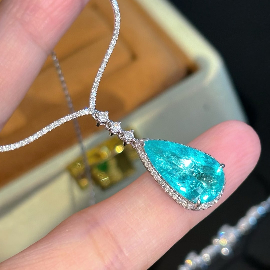 14k Gold 3.33 Ct Natural Paraiba Tourmaline & Diamond Necklace - 4