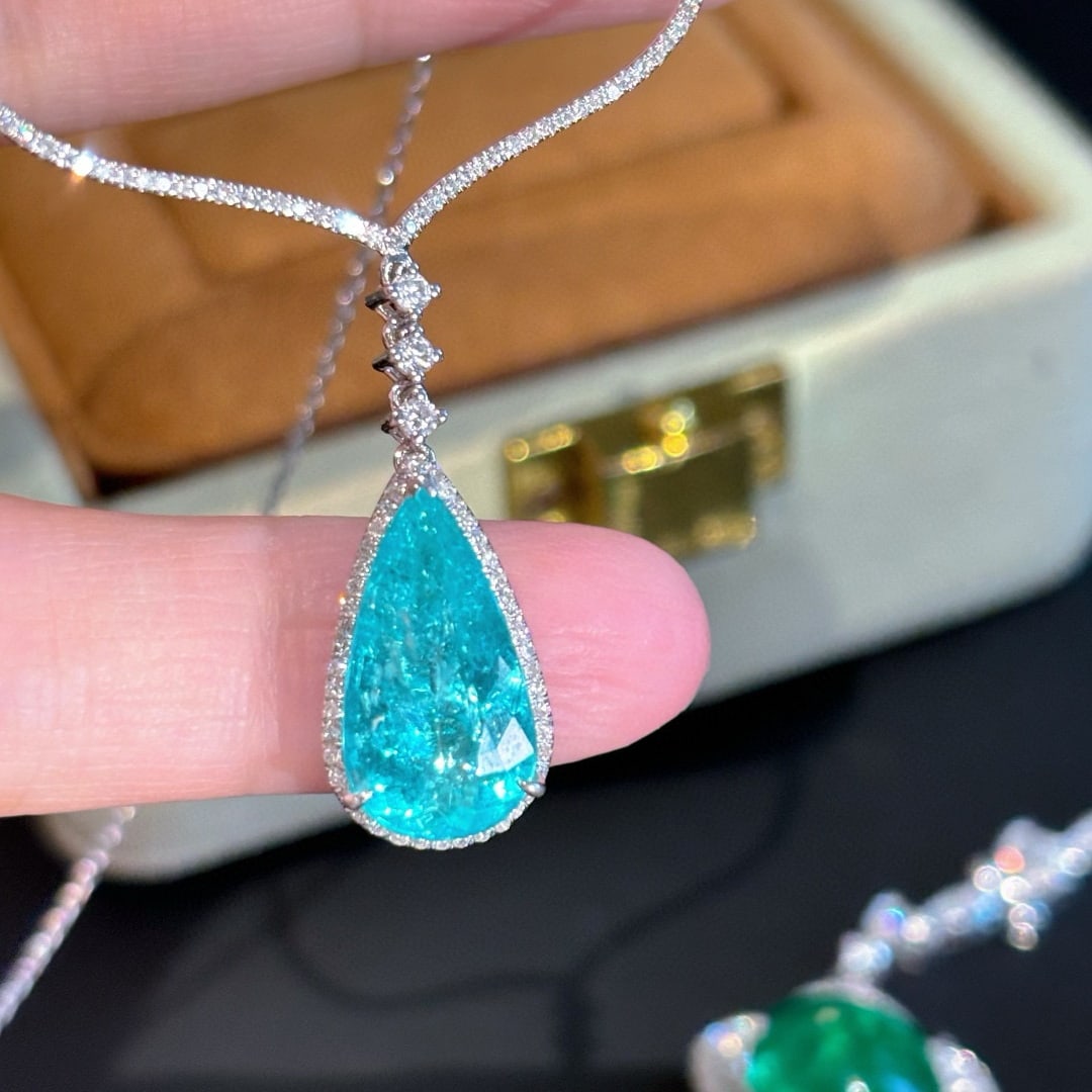 14k Gold 3.33 Ct Natural Paraiba Tourmaline & Diamond Necklace - 5