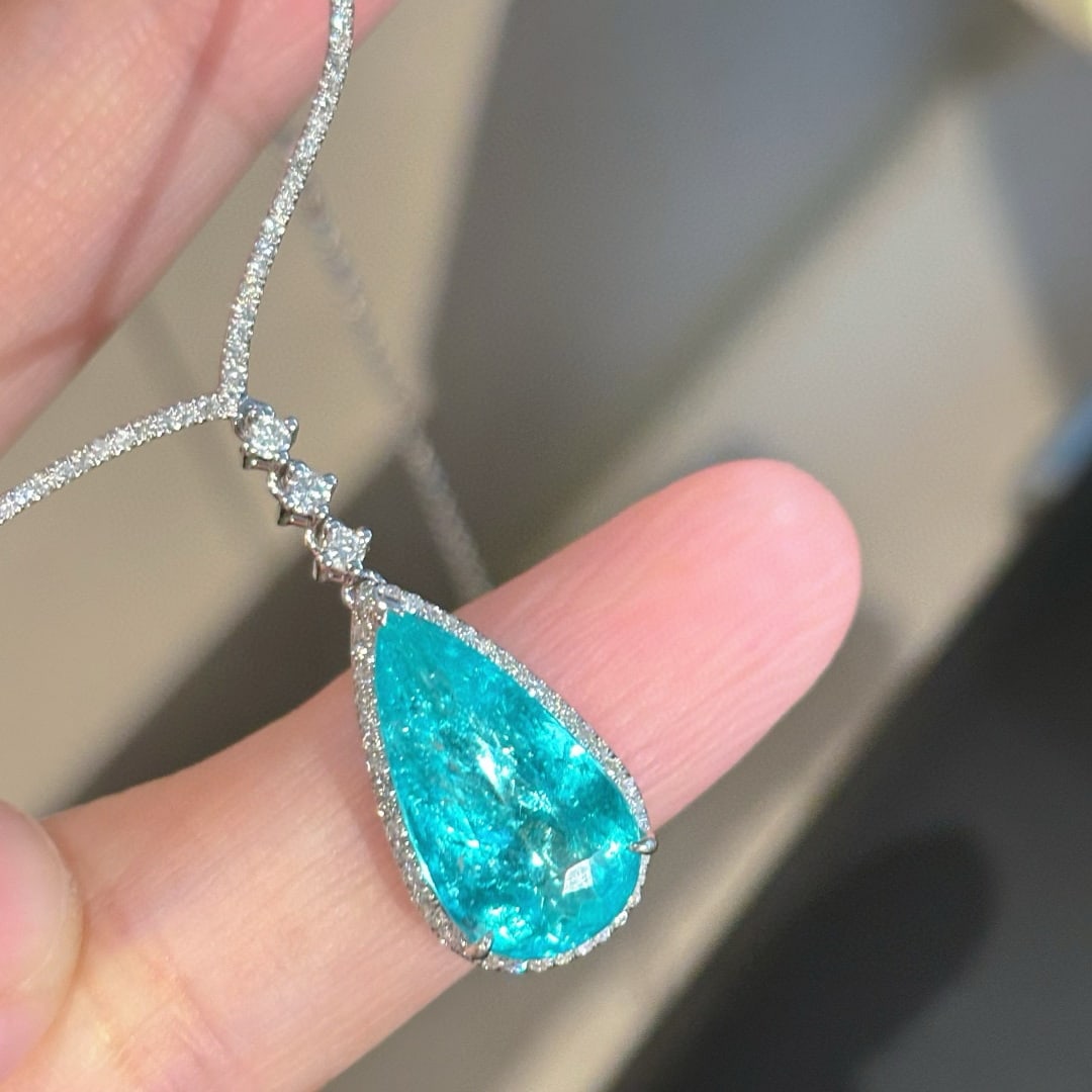 14k Gold 3.33 Ct Natural Paraiba Tourmaline & Diamond Necklace - 6