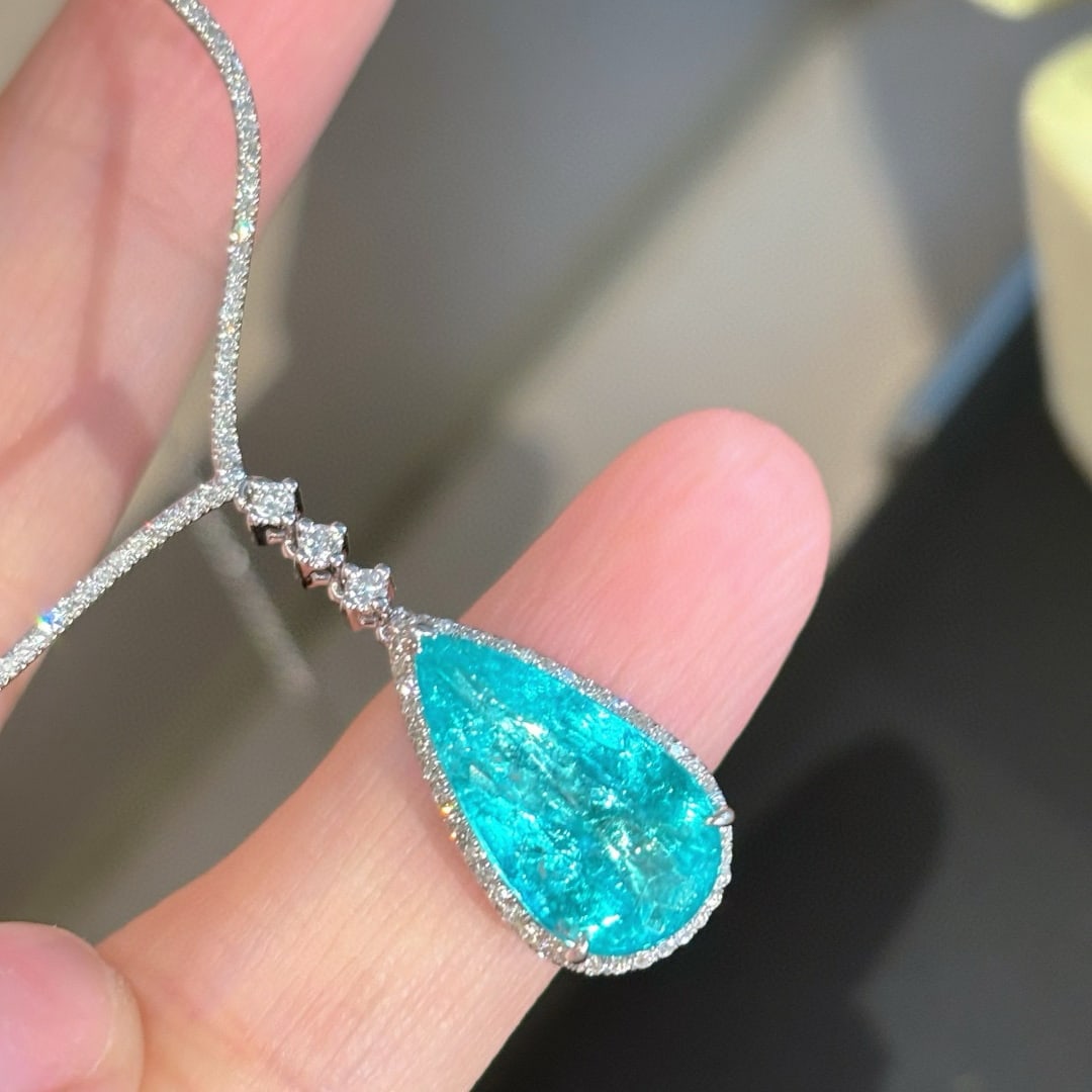 14k Gold 3.33 Ct Natural Paraiba Tourmaline & Diamond Necklace - 7