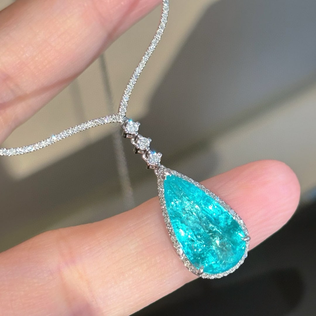 14k Gold 3.33 Ct Natural Paraiba Tourmaline & Diamond Necklace - 8