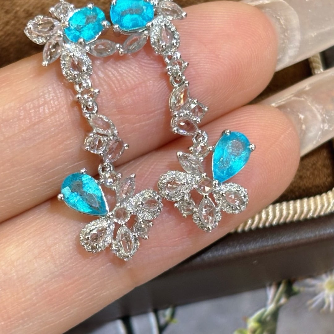 14k Gold 1.15 Ct Natural Paraiba Tourmaline & Diamond & Sapphire Earrings - 2
