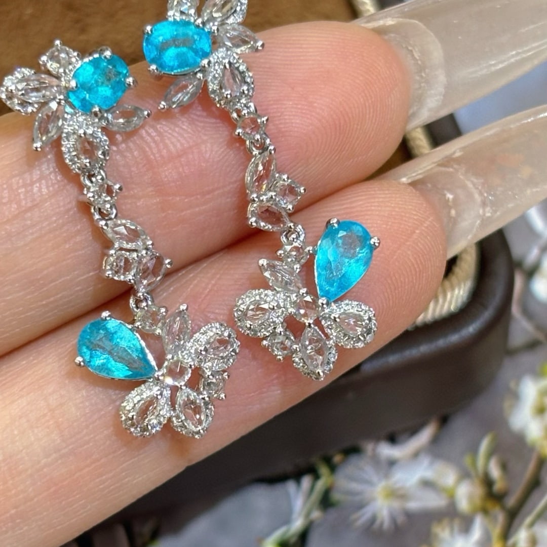 14k Gold 1.15 Ct Natural Paraiba Tourmaline & Diamond & Sapphire Earrings - 4
