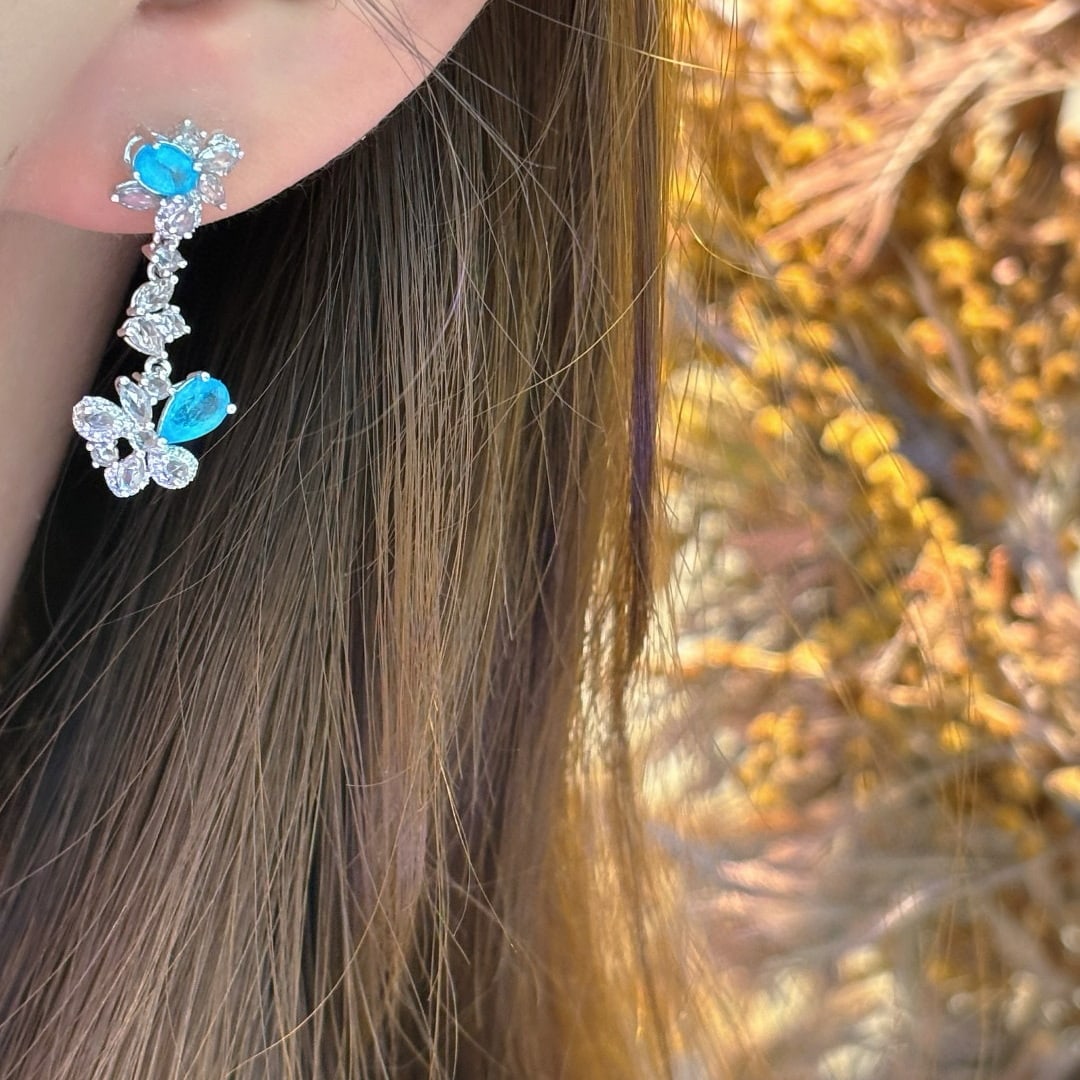 14k Gold 1.15 Ct Natural Paraiba Tourmaline & Diamond & Sapphire Earrings - 6