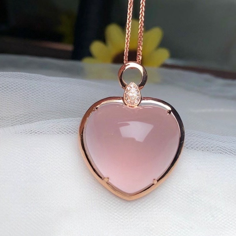 14k Gold 31.65 Ct Natural Rose Quartz & Diamond Pendant( Without Chain ) - 2