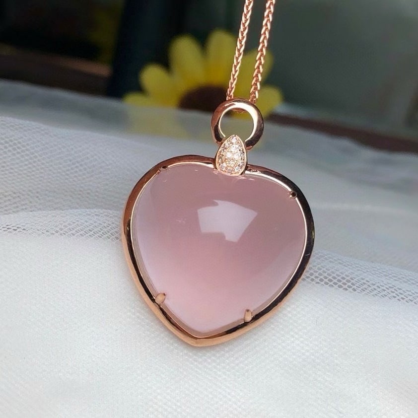 14k Gold 31.65 Ct Natural Rose Quartz & Diamond Pendant( Without Chain ) - 3