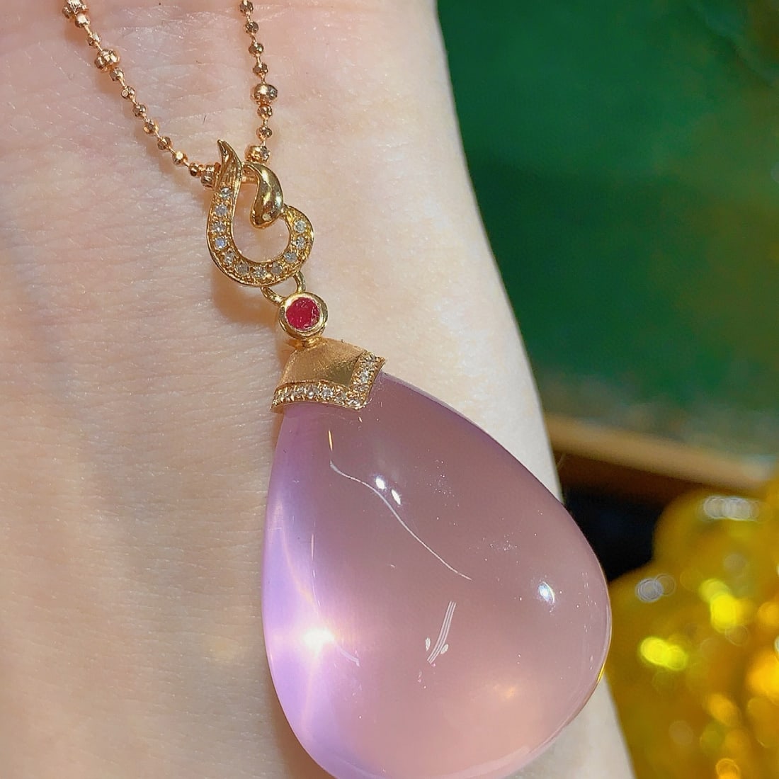 14k Gold 10.45 Ct Natural Rose Quartz & Diamond Pendant( Without Chain ) - 3