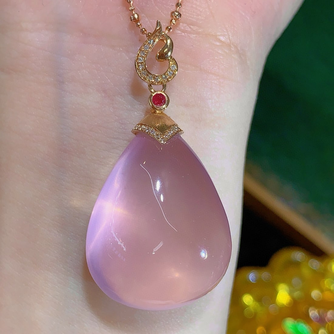 14k Gold 10.45 Ct Natural Rose Quartz & Diamond Pendant( Without Chain ) - 5