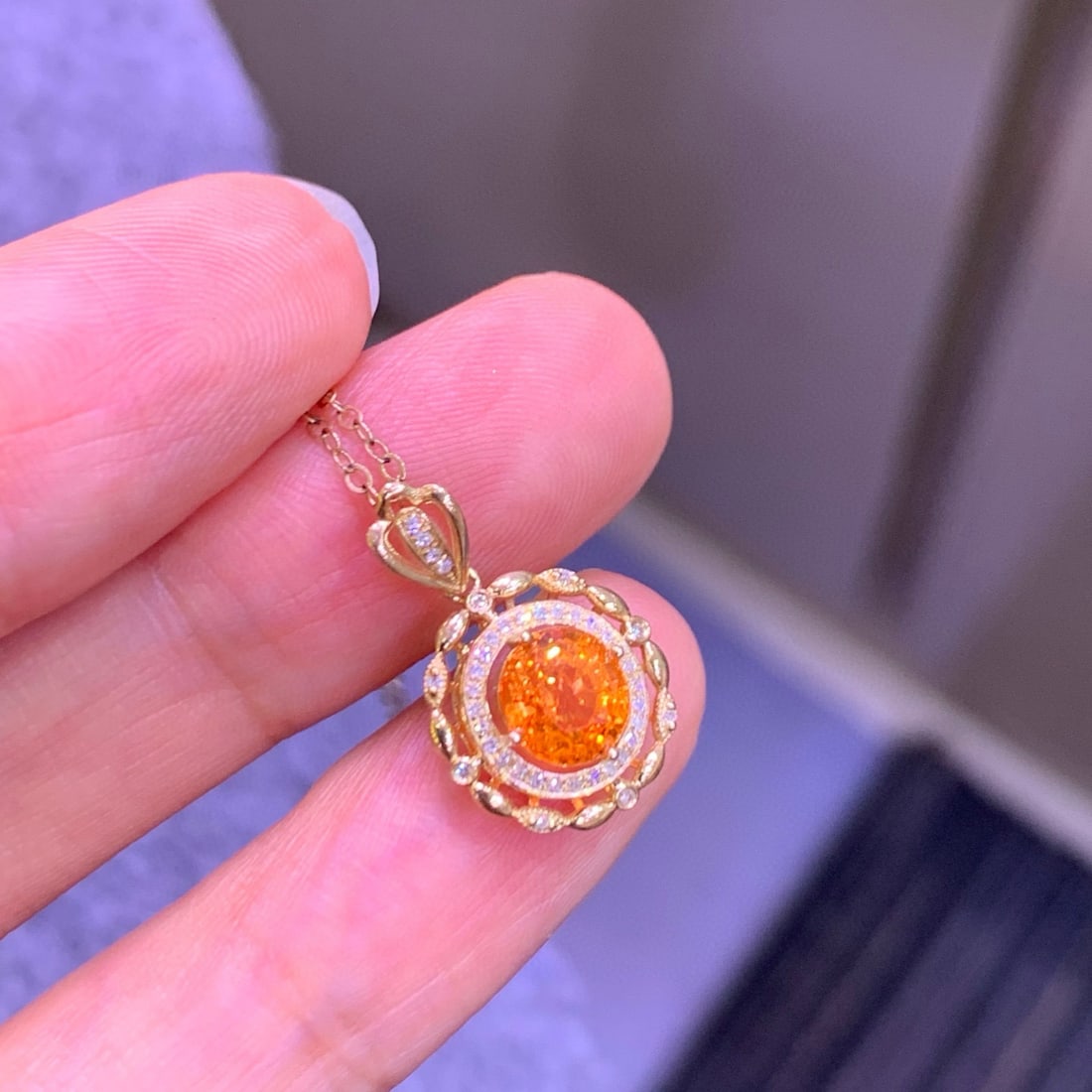 14k Gold 1.9 Ct Natural Spessartine & Diamond Pendant( Without Chain ) - 2