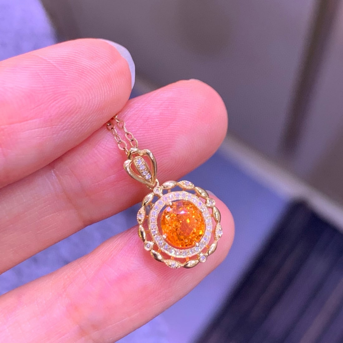 14k Gold 1.9 Ct Natural Spessartine & Diamond Pendant( Without Chain ) - 4