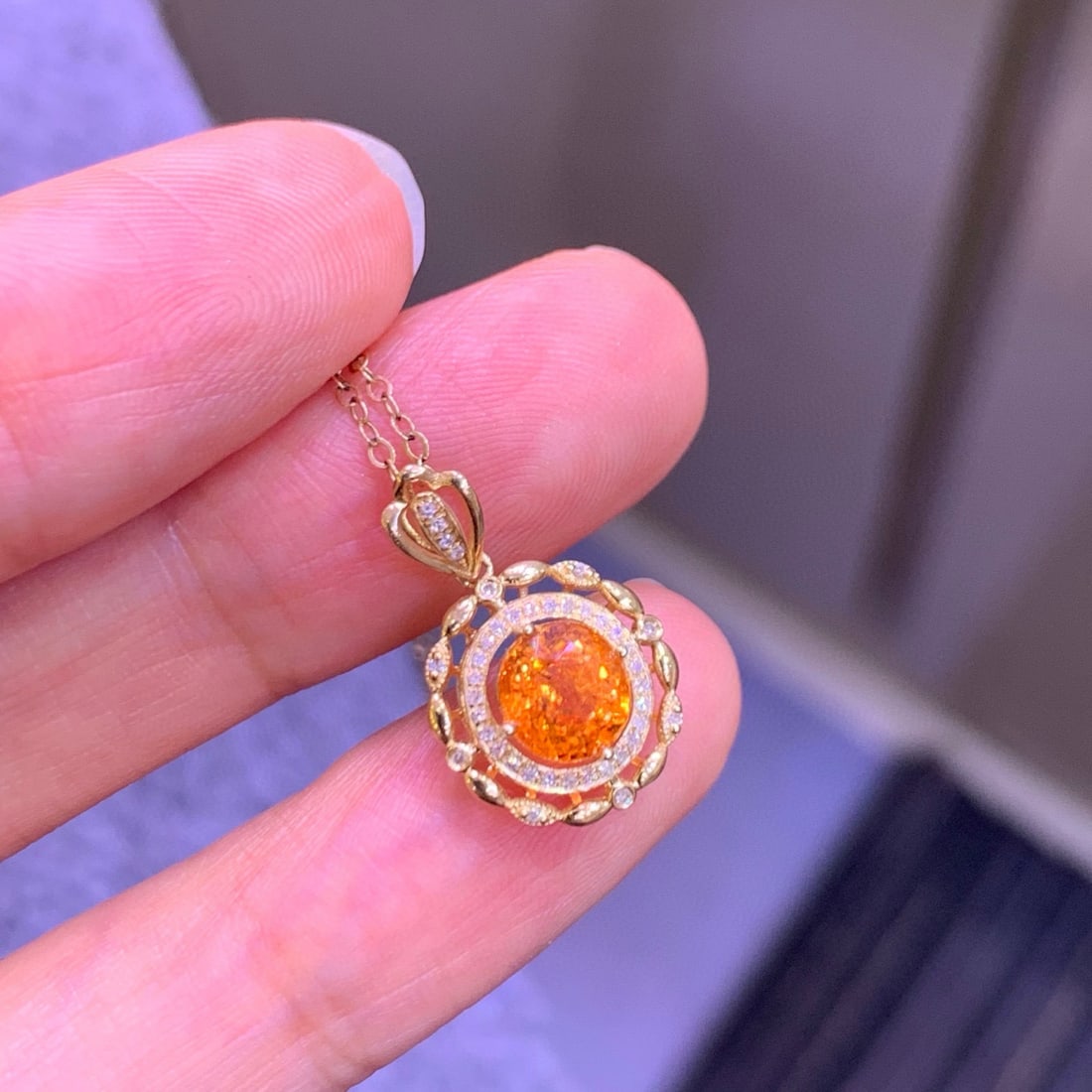 14k Gold 1.9 Ct Natural Spessartine & Diamond Pendant( Without Chain ) - 7