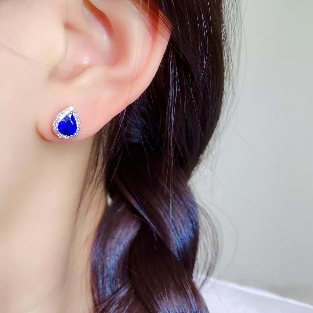14k Gold 1.55 Ctw Vivid Blue Natural Sapphire & Diamond Earrings - 2