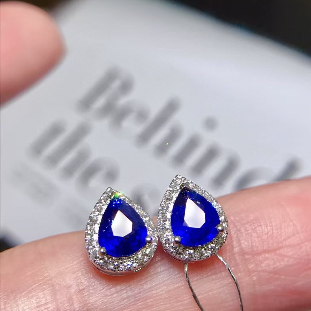 14k Gold 1.55 Ctw Vivid Blue Natural Sapphire & Diamond Earrings - 3