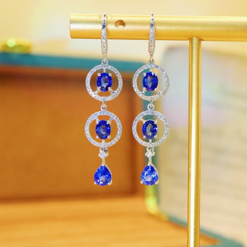14k Gold 2.93 Ctw Natural Sapphire & Diamond Earrings - 4