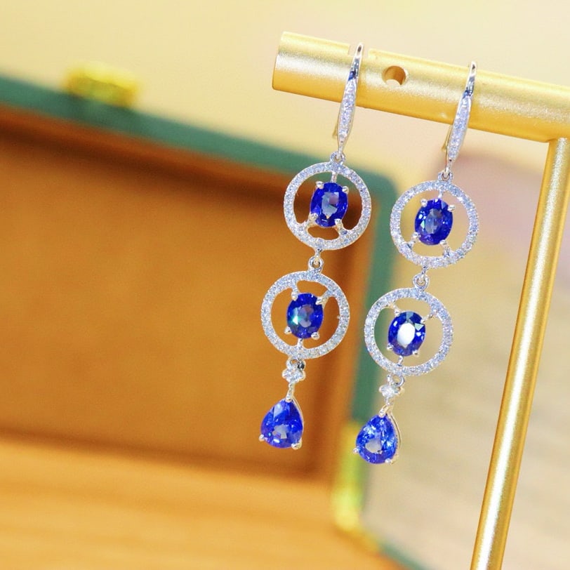 14k Gold 2.93 Ctw Natural Sapphire & Diamond Earrings - 5