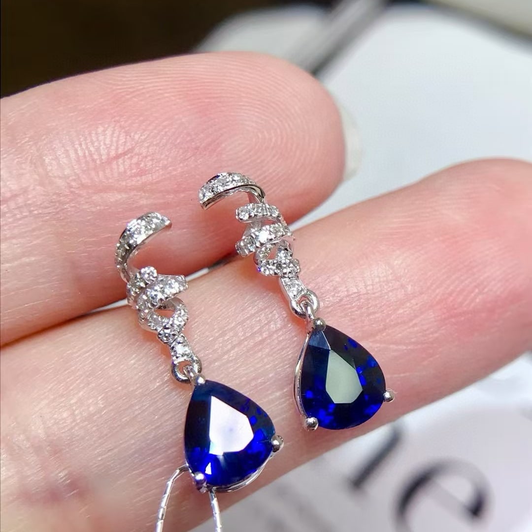 14k Gold 1.8 Ct Vivid Blue Natural Sapphire & Diamond Earrings - 2