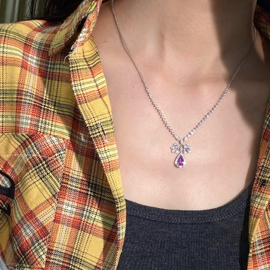 14k Gold 1.43 Ctw Natural Padparadscha Sapphire & Diamond Necklace - 4