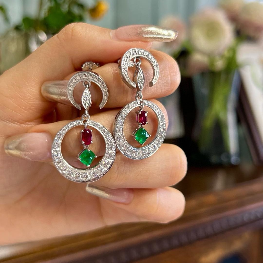 14k Gold 2.6 Ctw Vivid Green Natural Emerald & Ruby Earrings - 3
