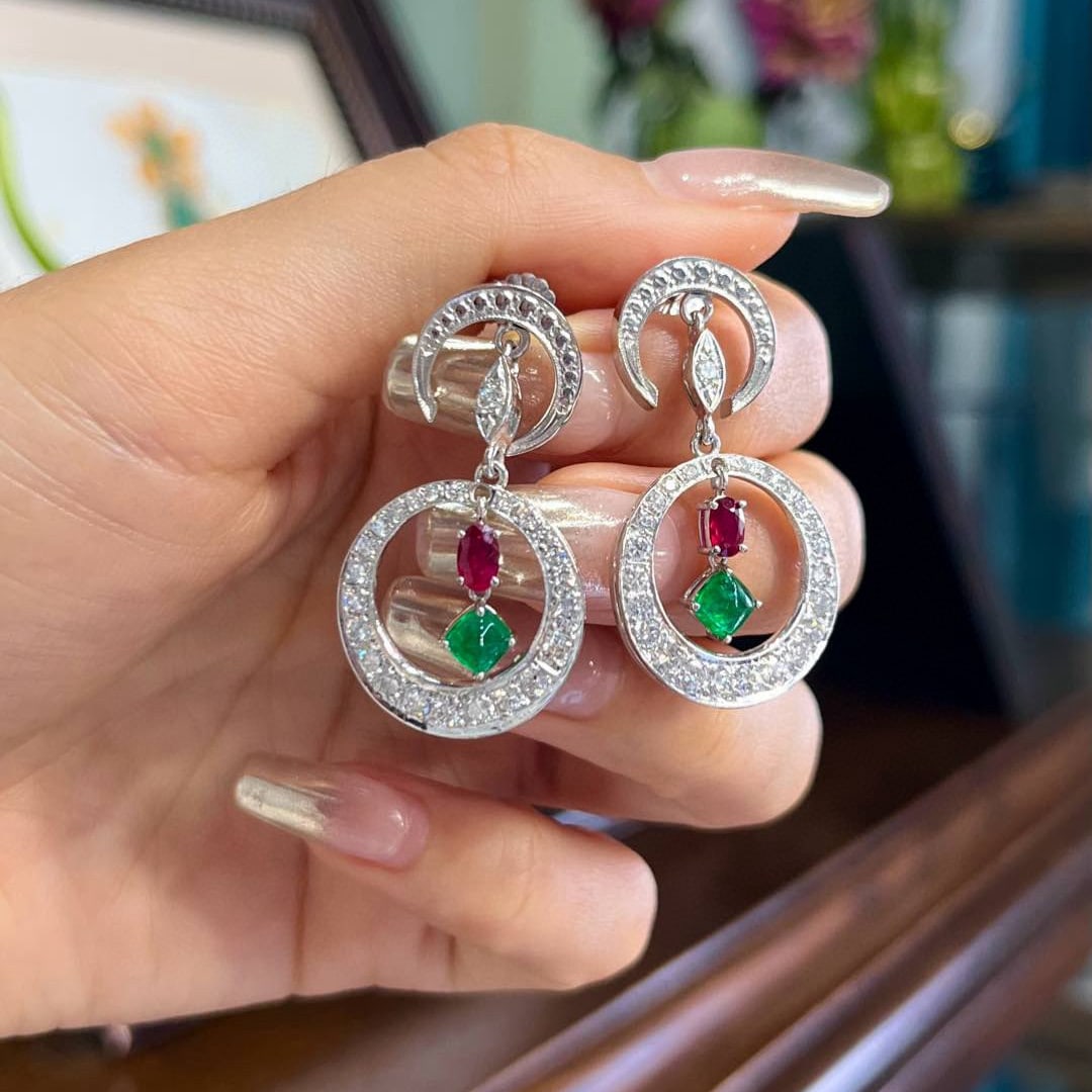 14k Gold 2.6 Ctw Vivid Green Natural Emerald & Ruby Earrings - 5