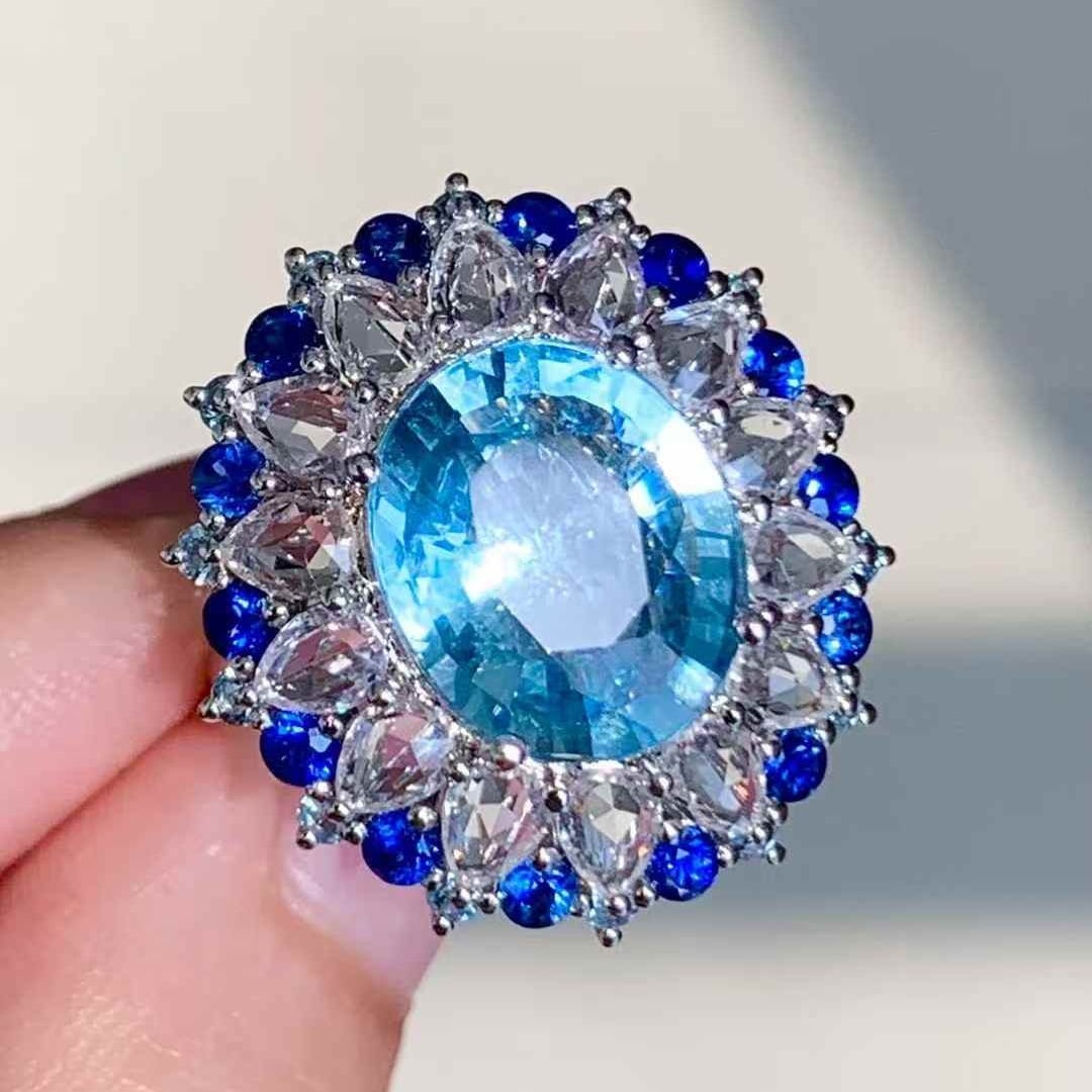 14k Gold 4.3 Ct Natural Aquamarine & Coloured Gemstone Ring - 6
