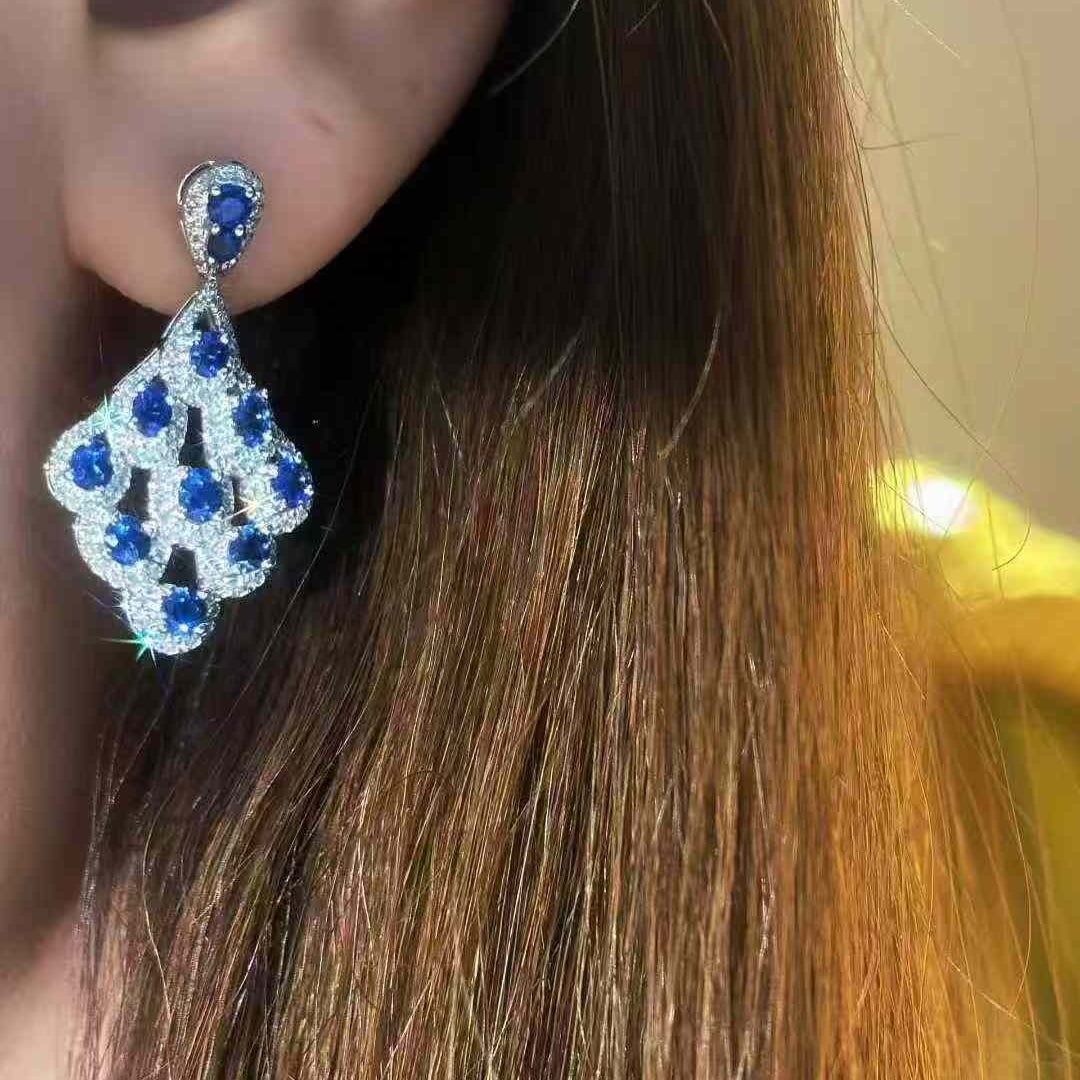 14k Gold 1.1 Ct Natural Sapphire & Diamond Earrings - 2