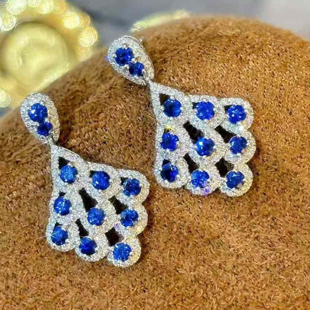 14k Gold 1.1 Ct Natural Sapphire & Diamond Earrings - 3