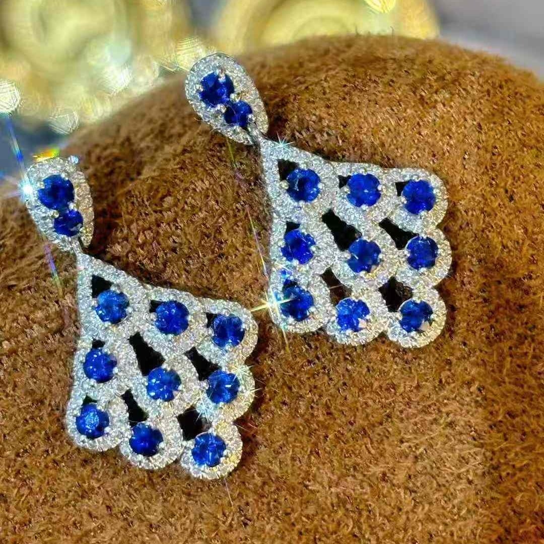 14k Gold 1.1 Ct Natural Sapphire & Diamond Earrings - 4