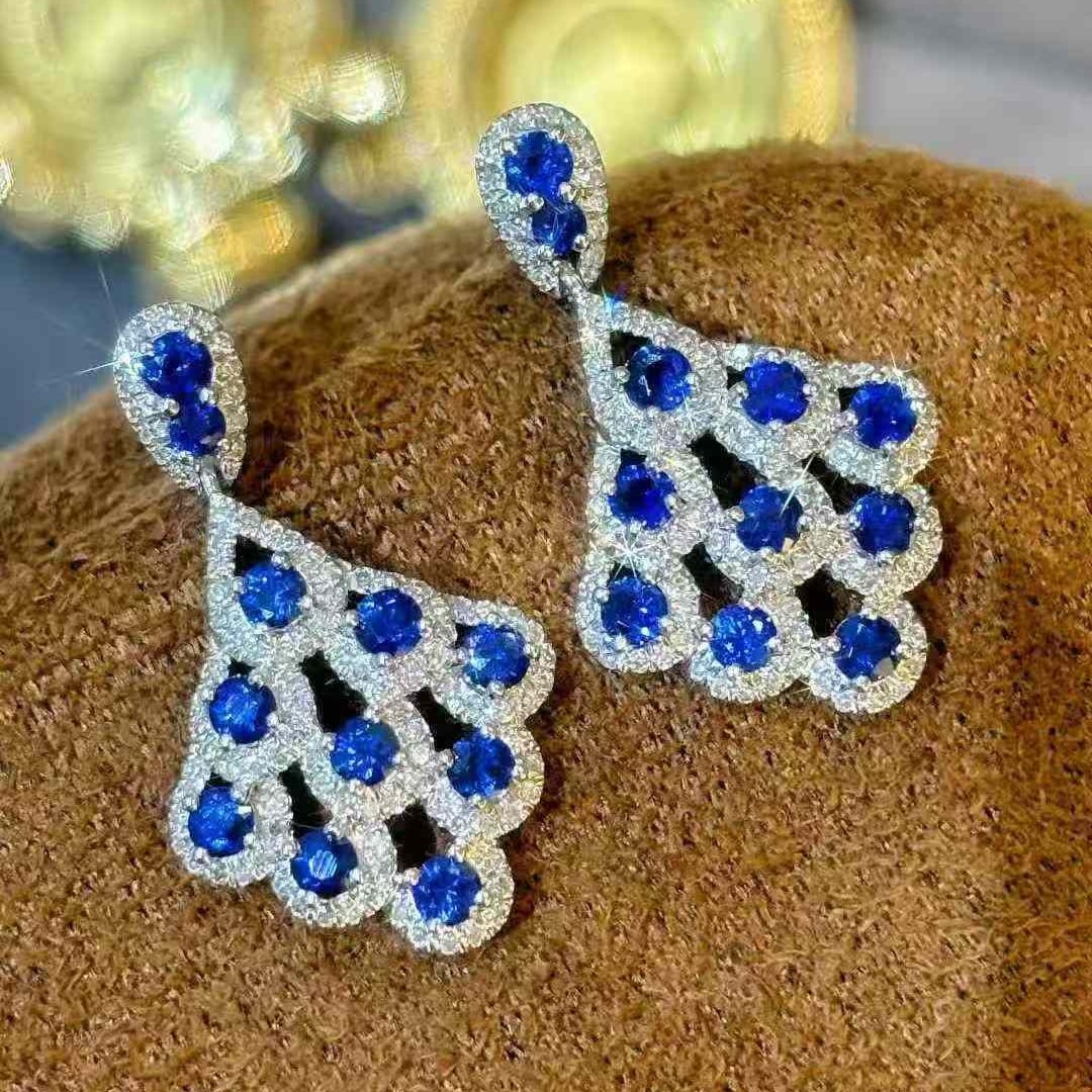 14k Gold 1.1 Ct Natural Sapphire & Diamond Earrings - 5