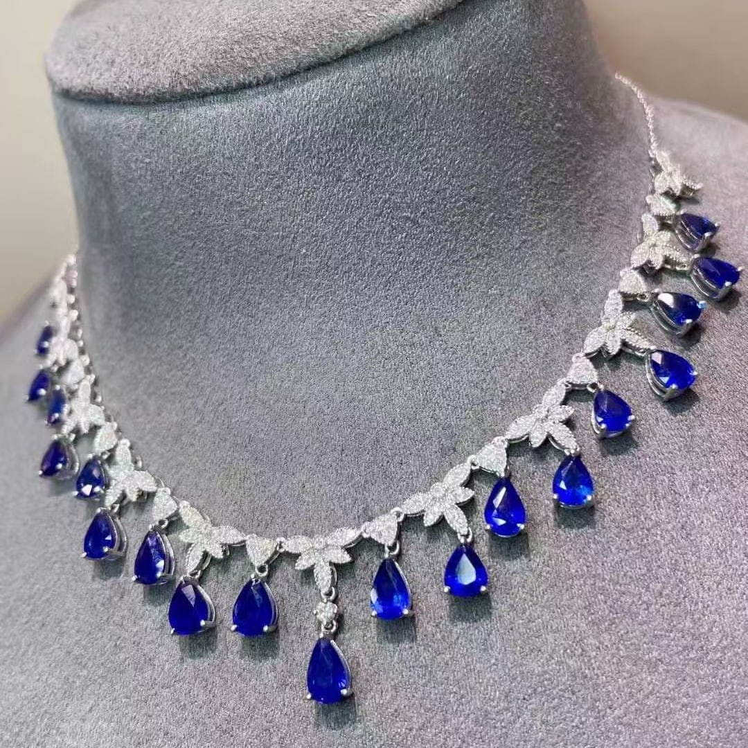 14k Gold 7 Ct Natural Sapphire & Diamond Necklace - 2