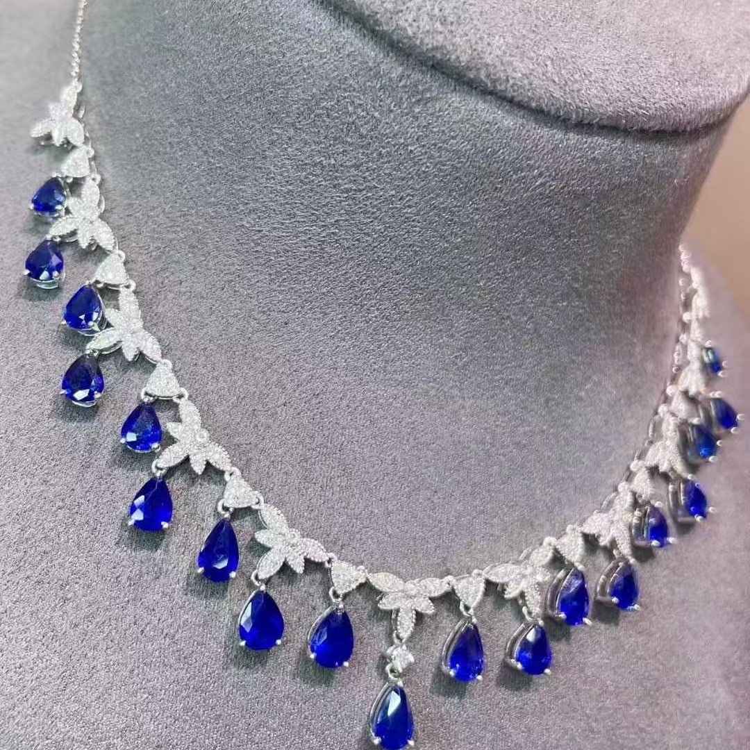 14k Gold 7 Ct Natural Sapphire & Diamond Necklace - 3