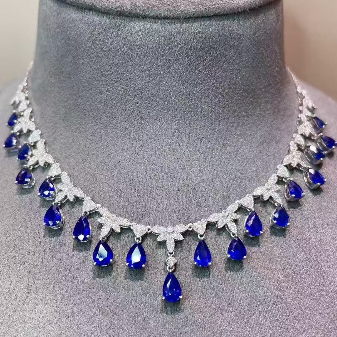 14k Gold 7 Ct Natural Sapphire & Diamond Necklace - 4