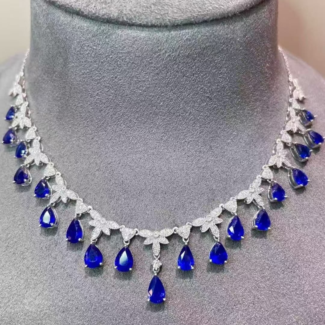 14k Gold 7 Ct Natural Sapphire & Diamond Necklace - 5
